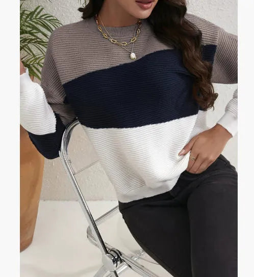 Knitted Sweater Ladies Autumn and Winter Warm Color Matching Design Office Business Casual Round Neck Long Sleeve