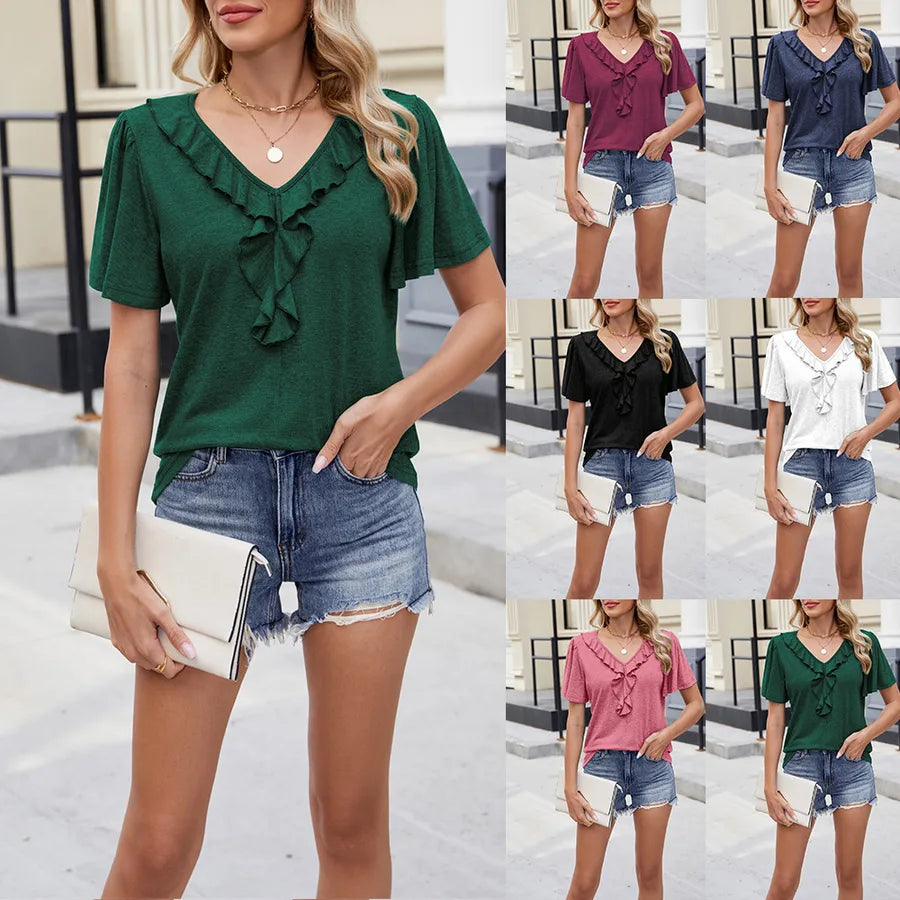 Loose Women's Casual T-shirt Pure Color With Lace Trim Spring Summer New Style  V-neck Short Sleeve