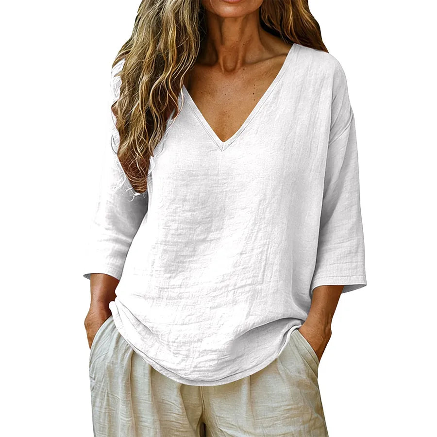 British Style Cotton T-shirt for Women with Half Sleeve and V Neck, Regular Sleeve Design