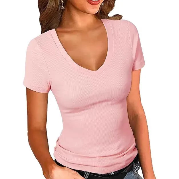 Summer  Women's Slim Fit V-Neck Short Sleeve Pure Color T-Shirt Casual Style New Fashion Top Quality Cotton Polyester