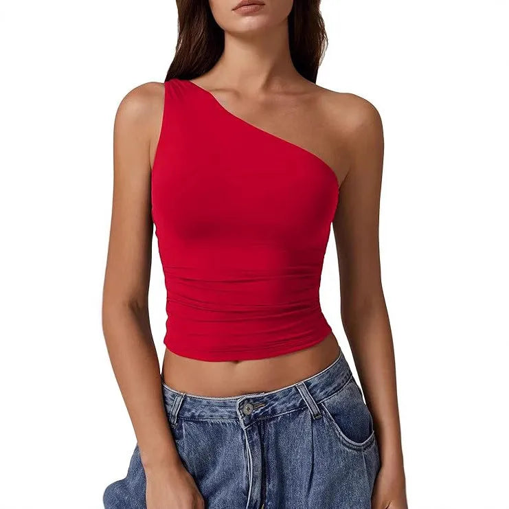 Summer  Women's   New Sleeveless One-Shoulder Solid Color Slim-Fit Sexy Navel Vest T-shirt