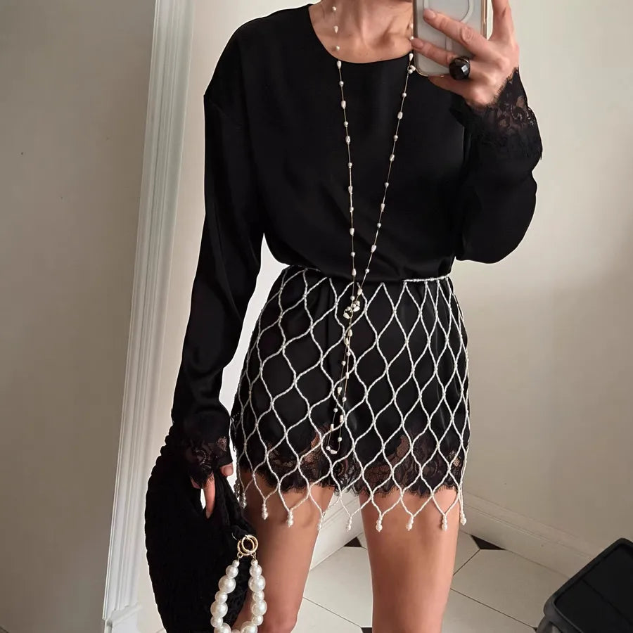 Elegant Solid Color Long Sleeve T-shirt with Lace Detail in Polyester Fabric