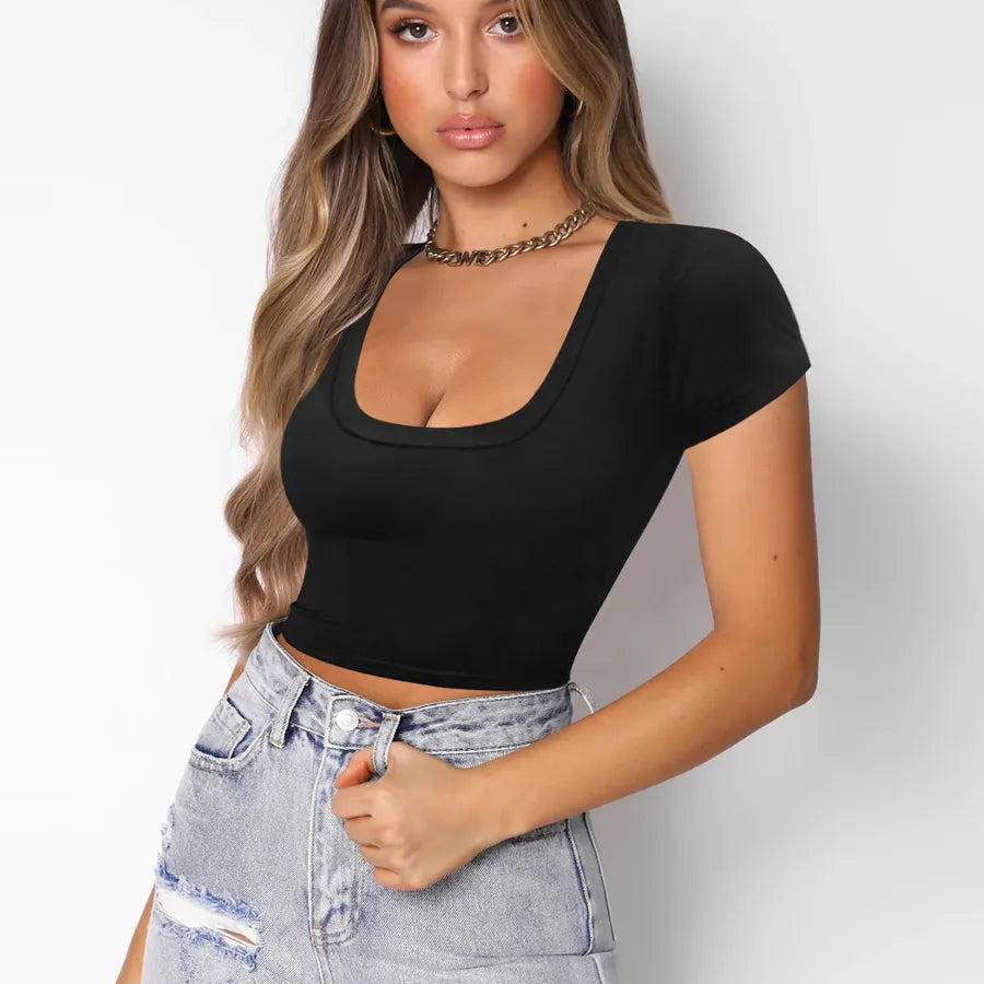 Wholesale Women's Casual Sexy Solid Color Wine Red Short Sleeve T-Shirts