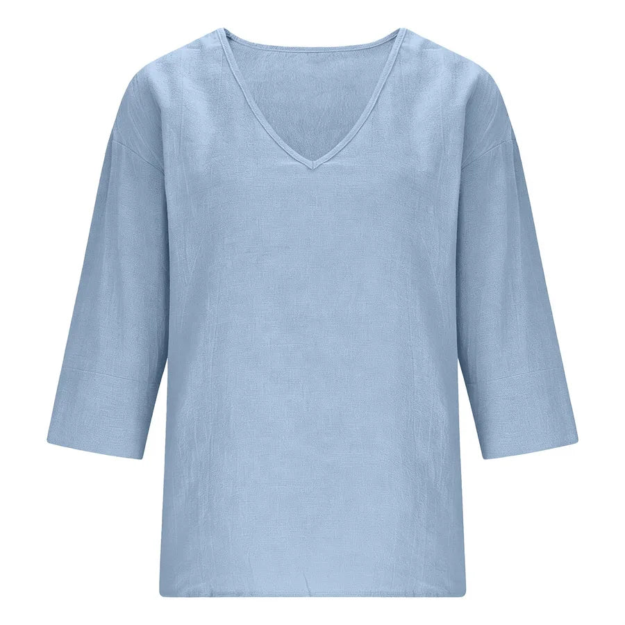 British Style Cotton T-shirt for Women with Half Sleeve and V Neck, Regular Sleeve Design