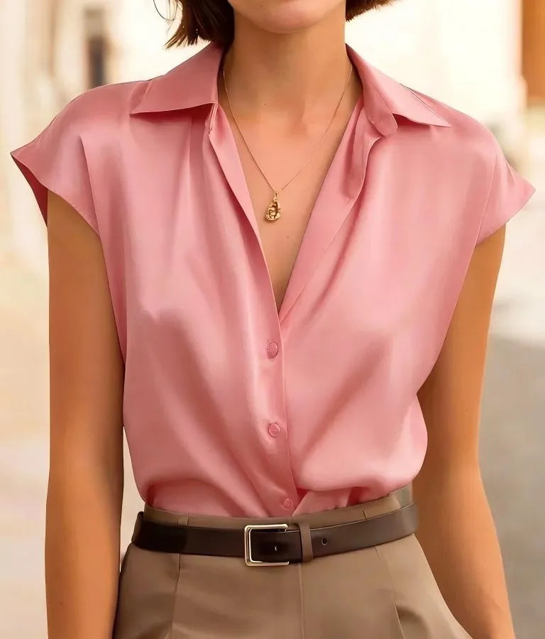 Elegant Solid Color Satin Short Sleeve Women's Shirt with Single Breasted Closure and Shirt Collar
