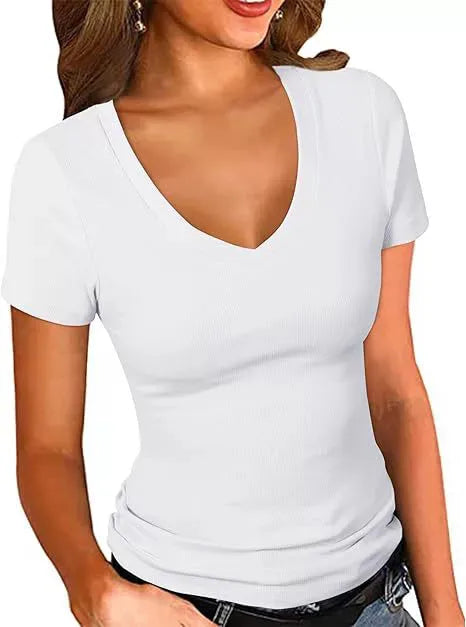 Summer  Women's Slim Fit V-Neck Short Sleeve Pure Color T-Shirt Casual Style New Fashion Top Quality Cotton Polyester