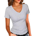 Summer  Women's Slim Fit V-Neck Short Sleeve Pure Color T-Shirt Casual Style New Fashion Top Quality Cotton Polyester