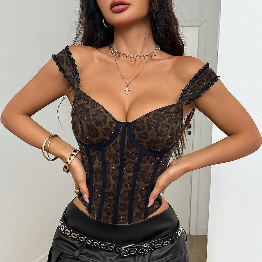 Slim Fit Leopard Print Bandage Deep V Design Women's Sequin Fishbone Chest Cotton Vest Top Hot Girl Street Style Short