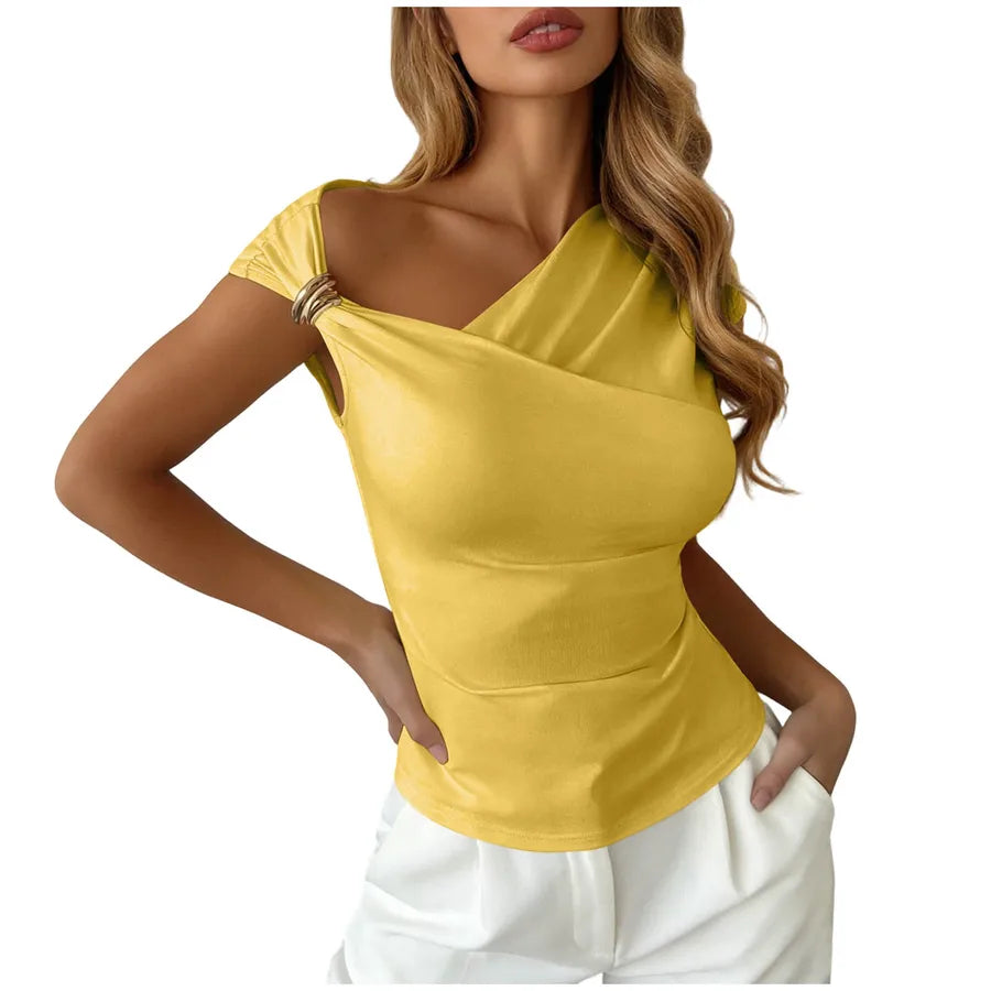 Solid Color Simple Style Short Sleeve Polyester T-shirt with Asymmetrical Design