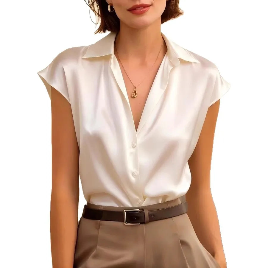 Elegant Solid Color Satin Short Sleeve Women's Shirt with Single Breasted Closure and Shirt Collar