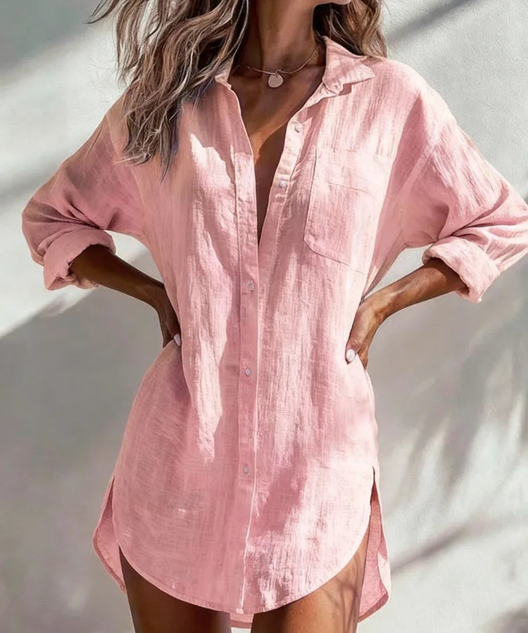 Elegant Solid Color Long Sleeve Cotton Shirt for Women Featuring Patchwork and Single Breasted Design