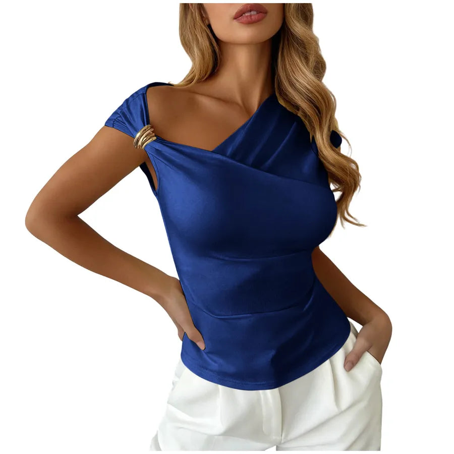 Solid Color Simple Style Short Sleeve Polyester T-shirt with Asymmetrical Design