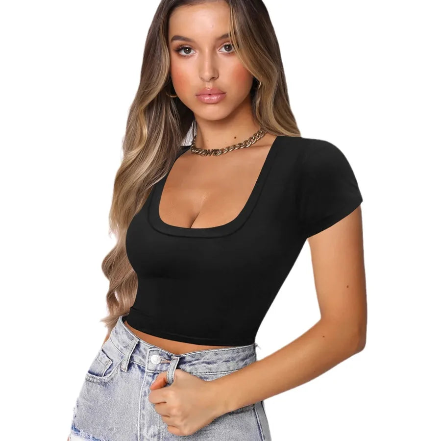 Wholesale Women's Casual Sexy Solid Color Wine Red Short Sleeve T-Shirts