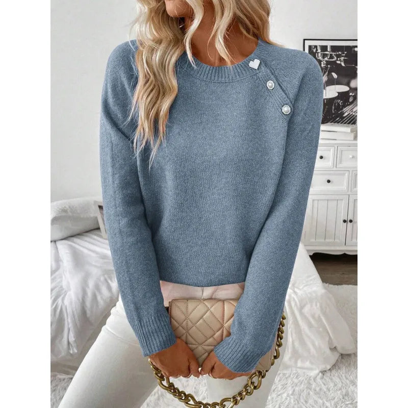 Casual Ladies Knitwear Diagonal Button Cotton Blends Spring Summer Long Sleeve Solid Color Daily Wear