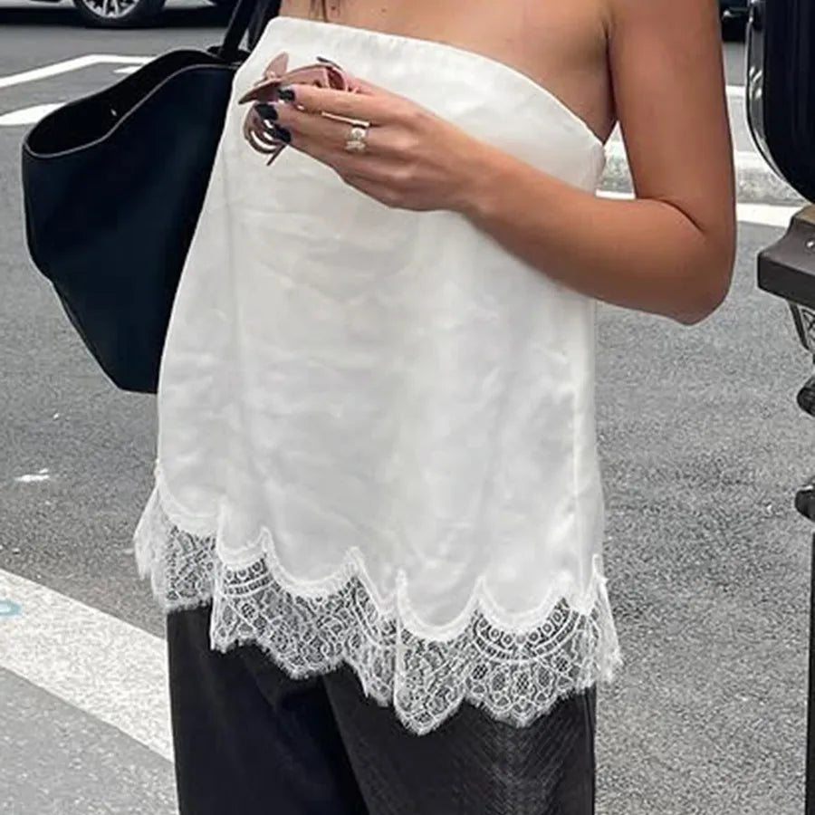 Sexy Solid Color T-shirt with Splicing Craft in Elastane Fabric Featuring Tube Bra Style