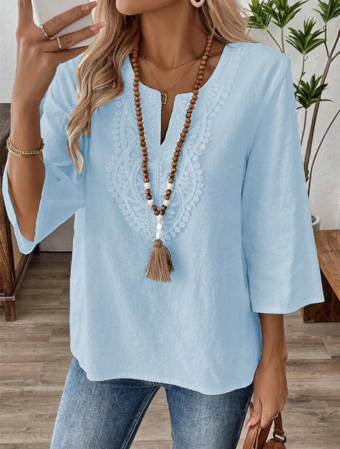 Loose Pure Color V-neck Lace Trim Shirt Women's Casual Style Seven-quarter Sleeve Polyester Fabric  Fashion