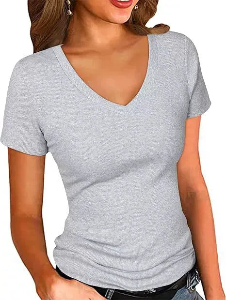 Summer  Women's Slim Fit V-Neck Short Sleeve Pure Color T-Shirt Casual Style New Fashion Top Quality Cotton Polyester