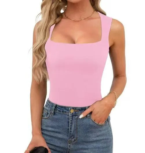 New  Summer New Women's Square Collar Sleeveless Double Layer Vest Basic Tight T-Shirt Black