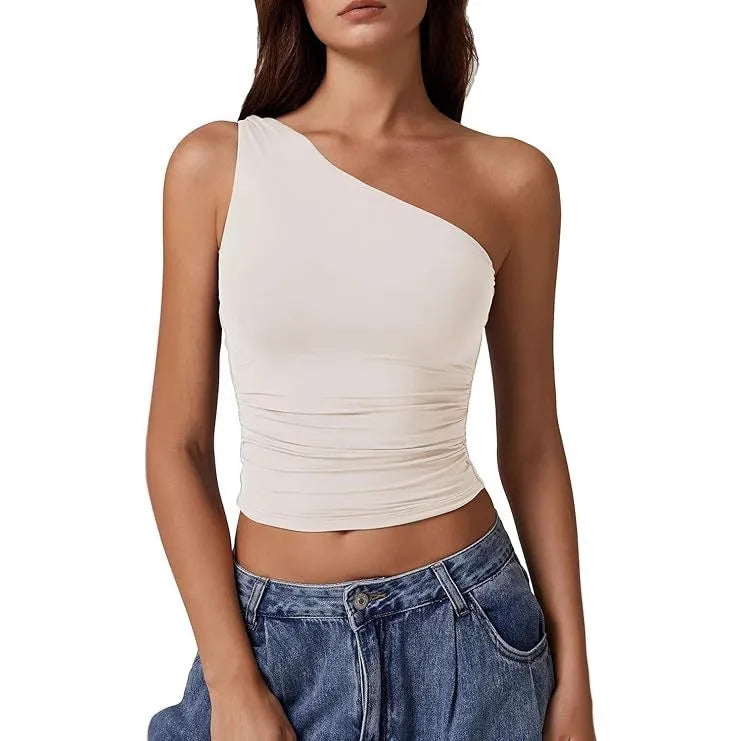 Summer  Women's   New Sleeveless One-Shoulder Solid Color Slim-Fit Sexy Navel Vest T-shirt