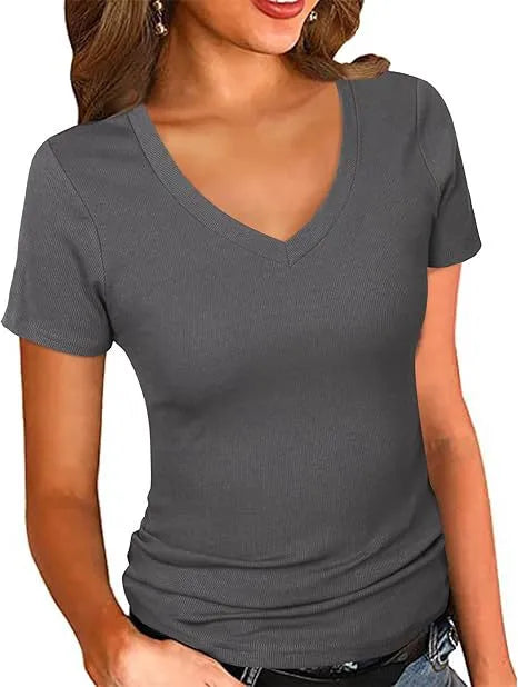 Summer  Women's Slim Fit V-Neck Short Sleeve Pure Color T-Shirt Casual Style New Fashion Top Quality Cotton Polyester
