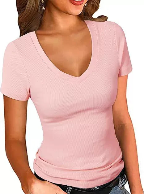 Summer  Women's Slim Fit V-Neck Short Sleeve Pure Color T-Shirt Casual Style New Fashion Top Quality Cotton Polyester