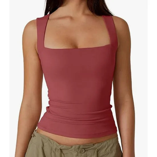 New  Summer New Women's Square Collar Sleeveless Double Layer Vest Basic Tight T-Shirt